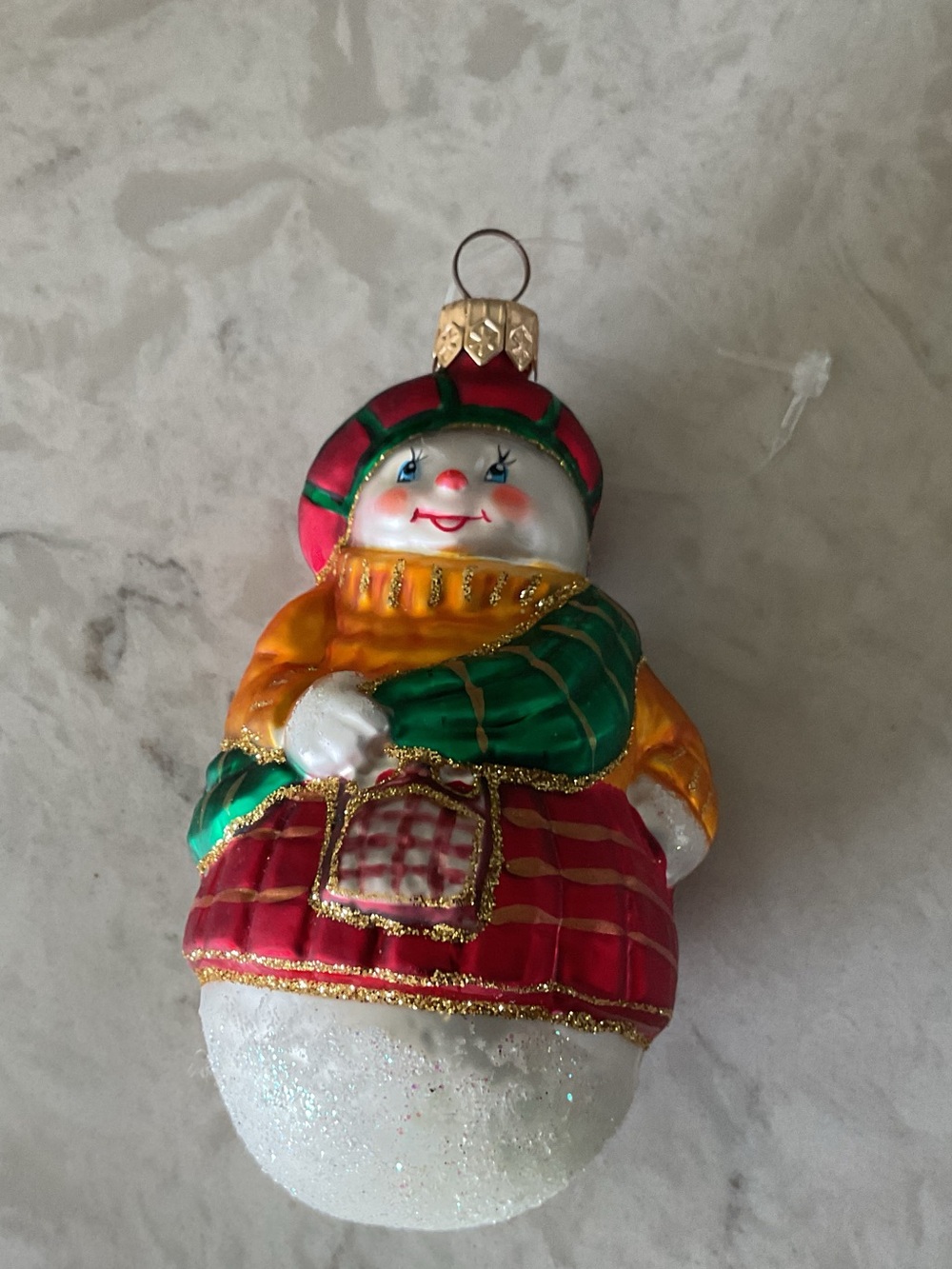Scottish Snowman Glass Ornament in Red, Green and Gold